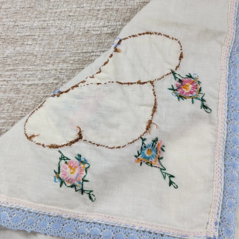 Vintage Embroidered Linen Tablecloth 4 Napkins Floral Hat Blue Lace Handmade Set